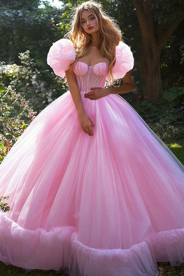 Glitter Ball Gown Puff Sleeve Pink Ruffled Quinceanera Dress